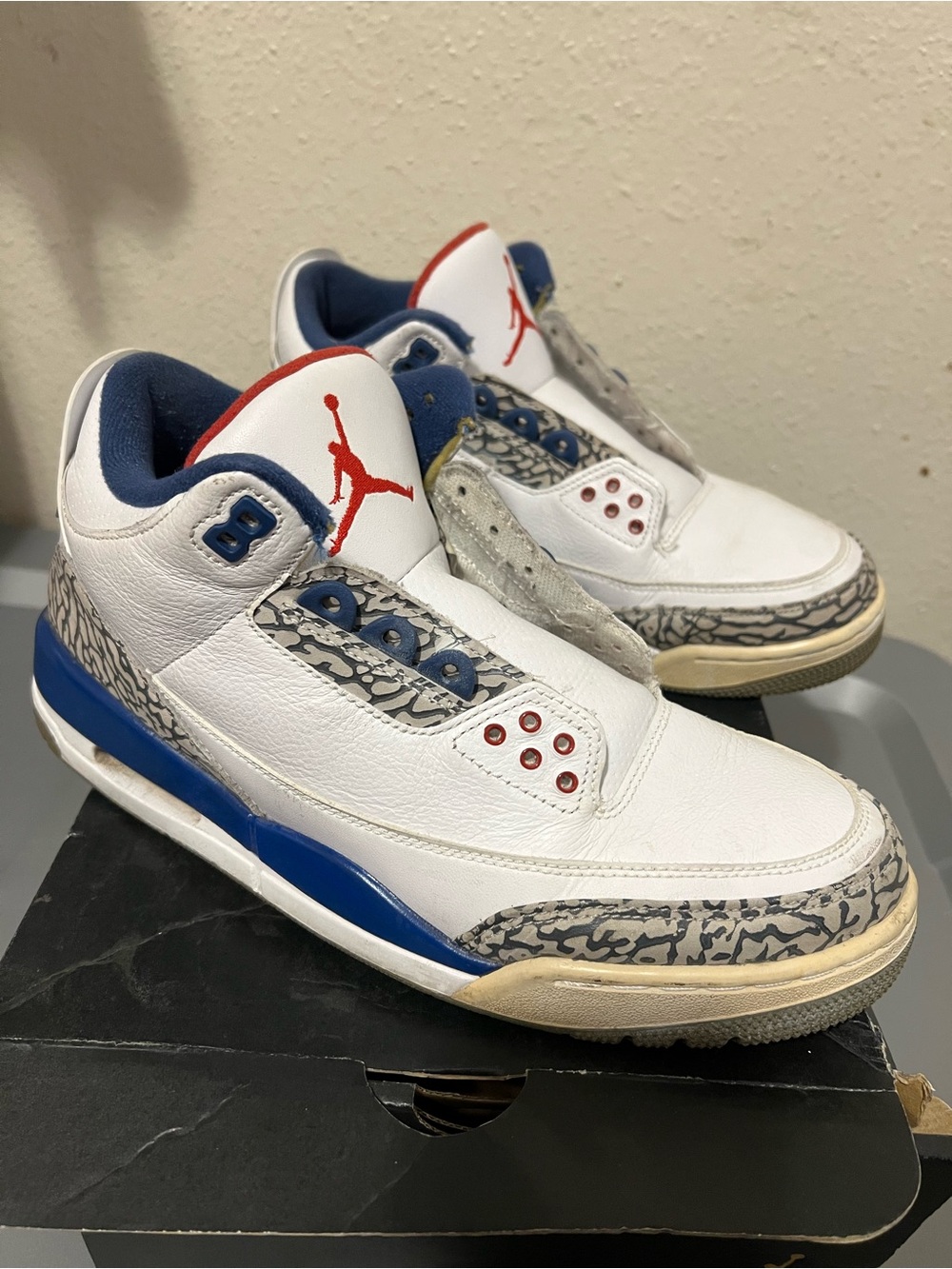 Nike White/Blue/Red Air Jordan 3 Men’s Sneakers with Elephant Print Accents